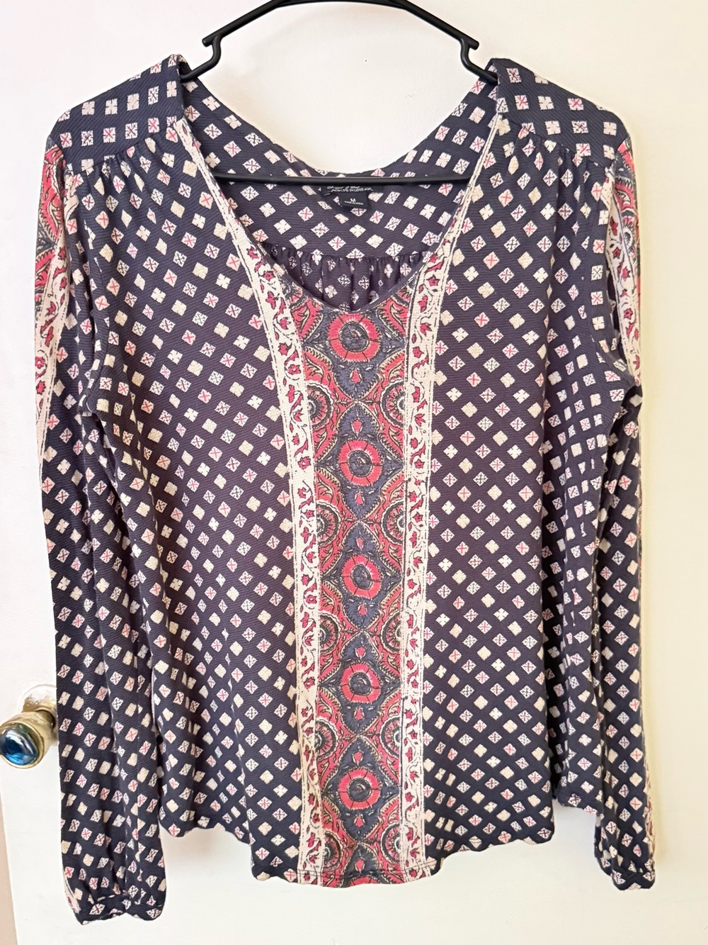 Lucky Brand long Sleeve Printed Peasant Top - Black with Red Pattern